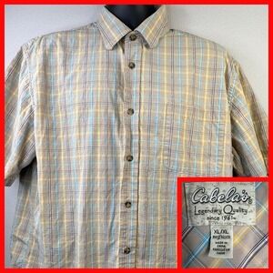 Cabelas Shirt Mens‎ XL Tan Plaid Cotton Button Down Collar Short Sleeve